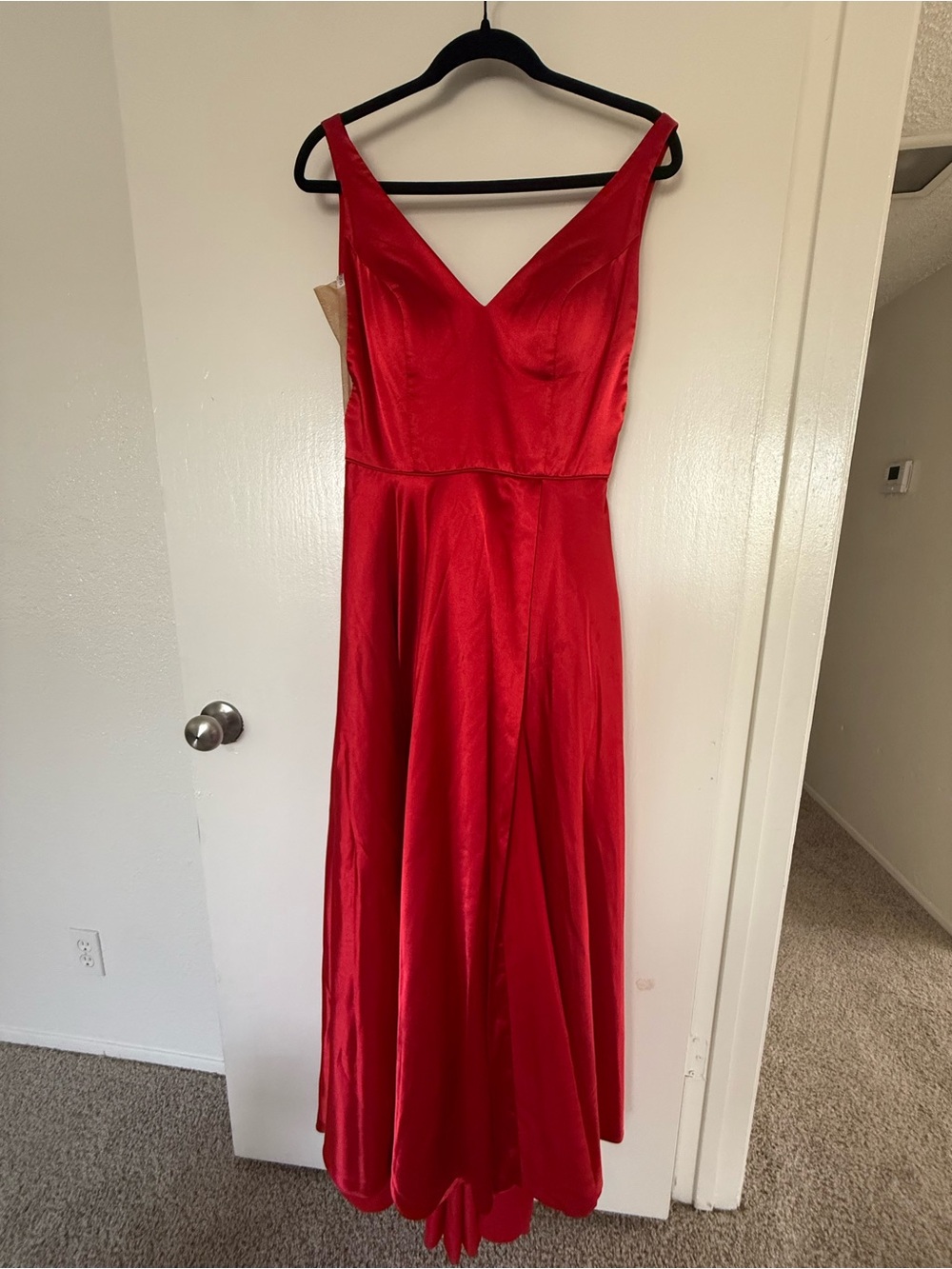 Sherri Hill Red Satin V-Neck Maxi Gown